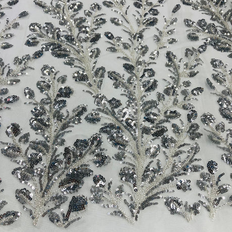 Beaded Sequined Lace Fabric - Embroidered On 100% Polyester Net Mesh, Silver, Rose Gold, 54" Width (1 Yard)