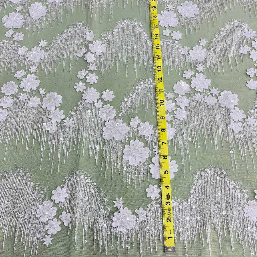 1 Yard Off White Beaded 3D Floral Lace Fabric Embroidered on Polyester Net Mesh 52 Inch Width