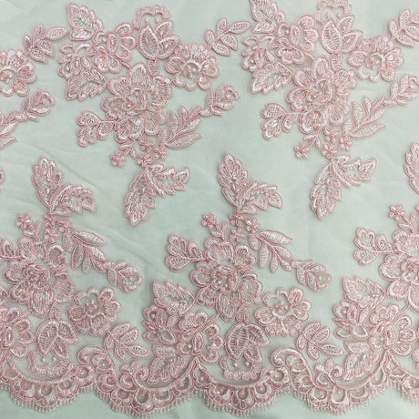 1 Yard Beaded and Corded Bridal Lace Fabric Embroidered on Polyester Net Mesh