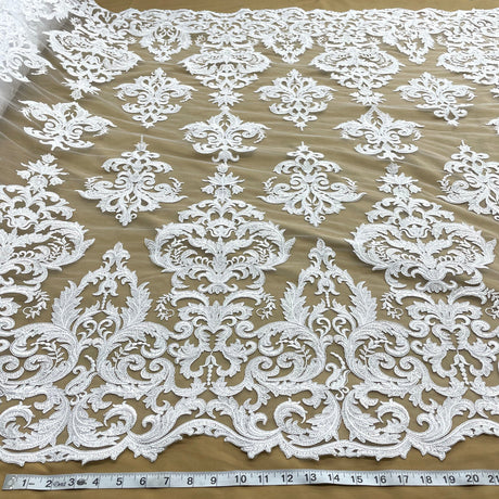 1 Yard Corded Bridal Lace Fabric Embroidered on 100% Polyester Net Mesh