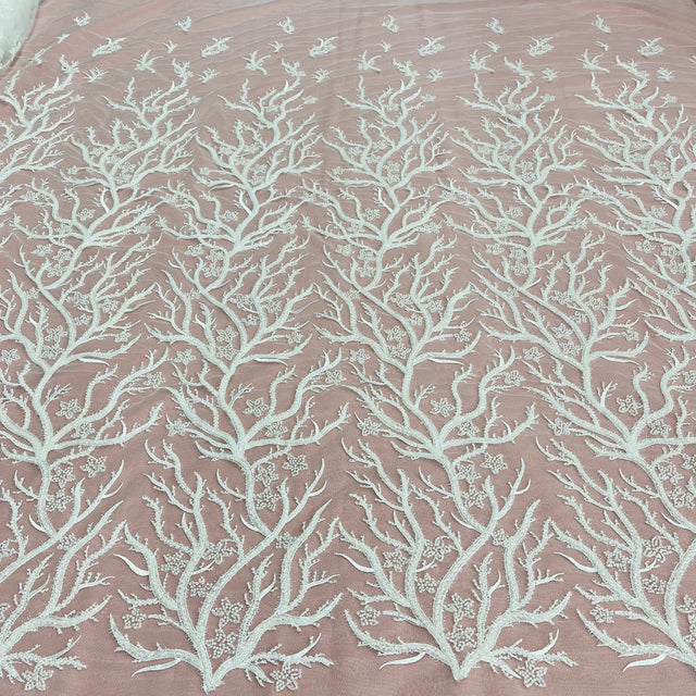 Beaded Lace Fabric Embroidered With Fuzzy Thread On 100 Percent Polyester Net Mesh - Ivory, Silver, White, Gold, 54" Wide (1 Yard)