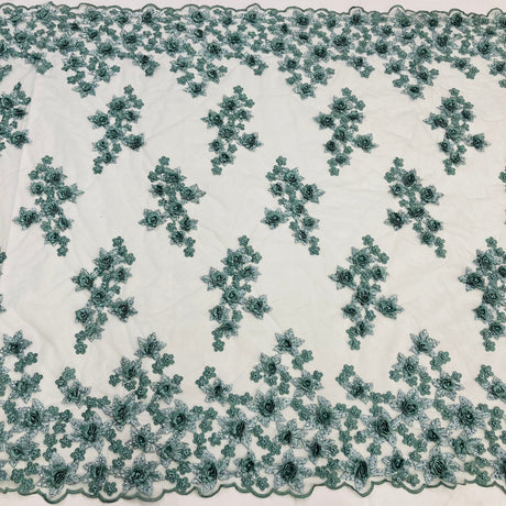 Beaded 3D Floral Lace Fabric - Pistachio, Mauve, Skin, 50" Width (1 Yard)