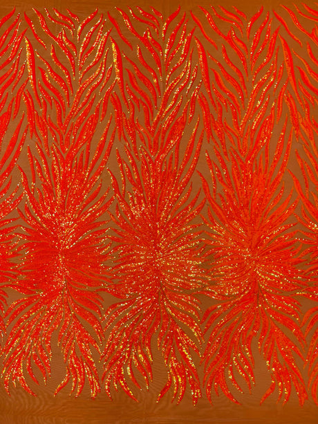 Phoenix Sequin Feather Polyester Fabric - Iridescent Flame Design, 54" Width (1 Yard)