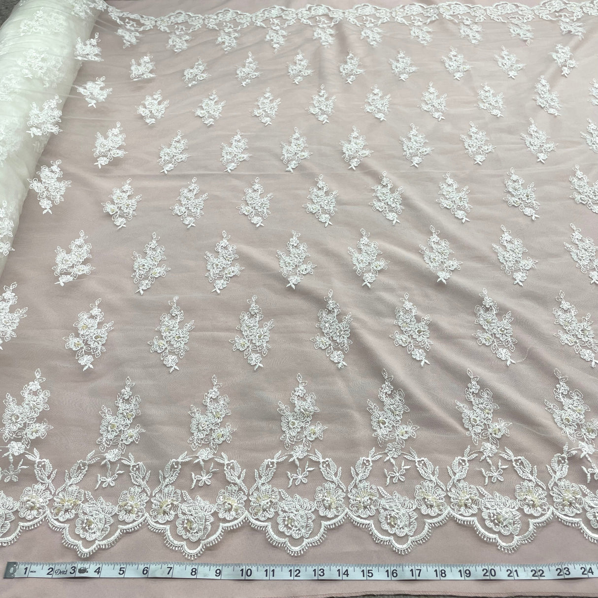 Beaded Corded Lace Fabric - Embroidered On 100% Polyester Net Mesh, 53" Width, 6 Colors (1 Yard)