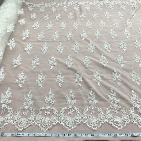 Beaded Corded Lace Fabric - Embroidered On 100% Polyester Net Mesh, 53" Width, 6 Colors (1 Yard)