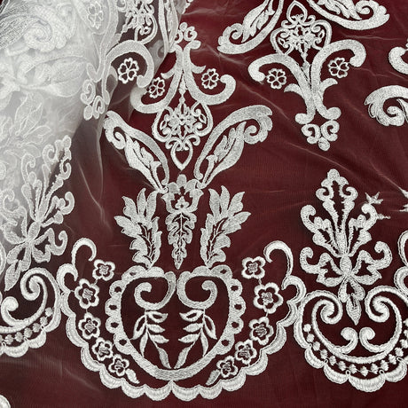 Corded Bridal Lace Fabric - Ivory With Silver Floral Embroidery, 51" Width (1 Yard)