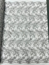 Estrella Corded Flowers Embroider With Sequins Mesh Lace Fabric - Floral Embroidered, Double Scallop, 50-54" Width, 36" Length (1 Yard)