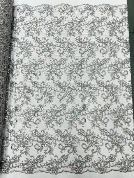 Estrella Corded Flowers Embroider With Sequins Mesh Lace Fabric - Floral Embroidered, Double Scallop, 50-54" Width, 36" Length (1 Yard)