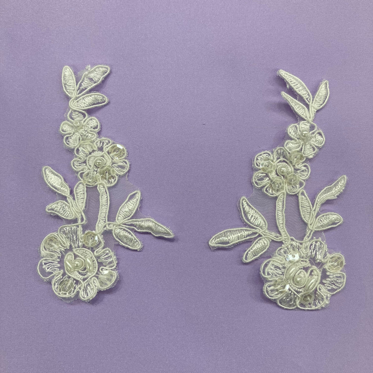 Beaded Corded Floral Lace Applique 4" x 2"