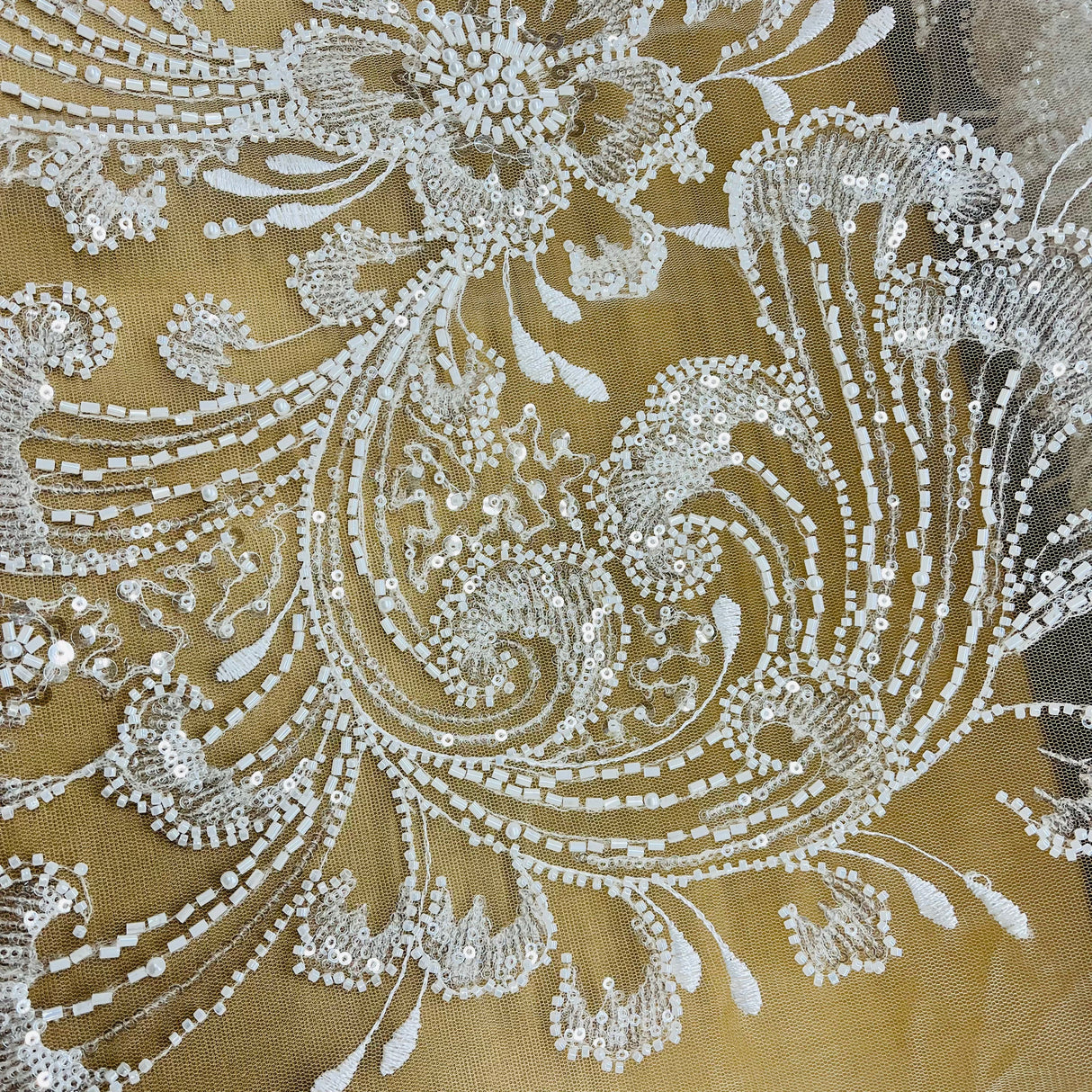 Beaded Lace Fabric on Polyester Net Mesh