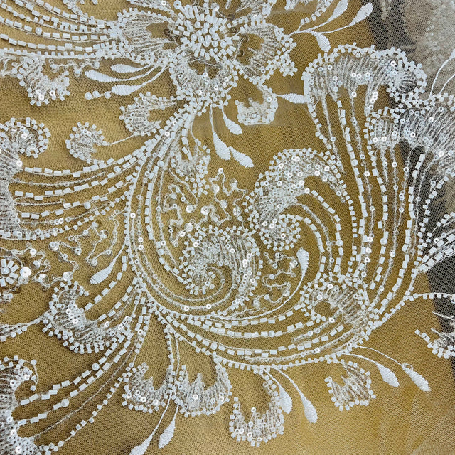 Beaded Lace Fabric on Polyester Net Mesh