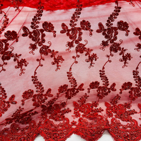 Beaded Corded Lace Fabric - Embroidered Polyester Net Mesh, 54" Wide, Navy, Black, Red (1 Yard)