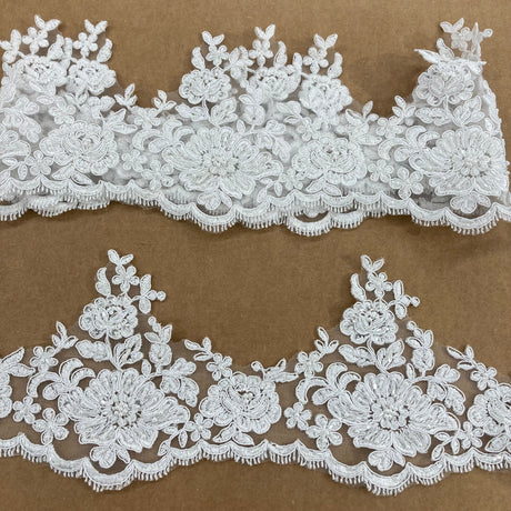 Beaded Corded Floral Lace Trim White 6"