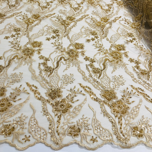 Beaded Lace Fabric on Polyester Net Mesh 50"