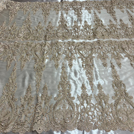 1 Yard Corded Bridal Lace Fabric Embroidered on 100 Percent Polyester Net Mesh Gold
