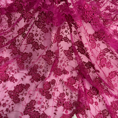 1 Yard Beaded and Corded Lace Fabric Embroidered on Polyester Net Mesh