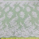 1 Yard Elegant Beaded and Corded Bridal Lace Fabric Embroidered on 100% Polyester Net Mesh White