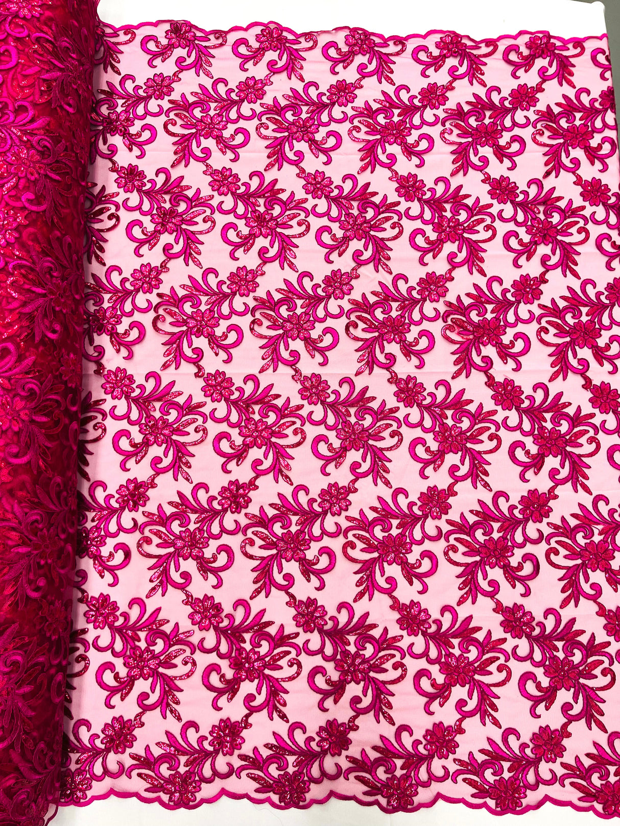 Estrella Corded Flowers Embroider With Sequins Mesh Lace Fabric - Floral Embroidered, Double Scallop, 50-54" Width, 36" Length (1 Yard)