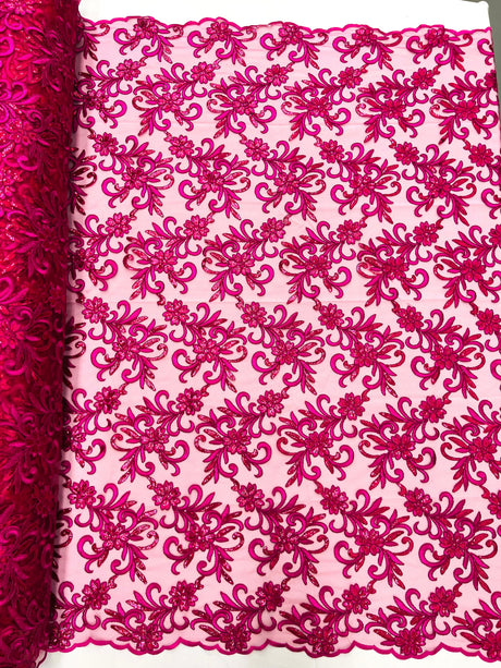 Estrella Corded Flowers Embroider With Sequins Mesh Lace Fabric - Floral Embroidered, Double Scallop, 50-54" Width, 36" Length (1 Yard)