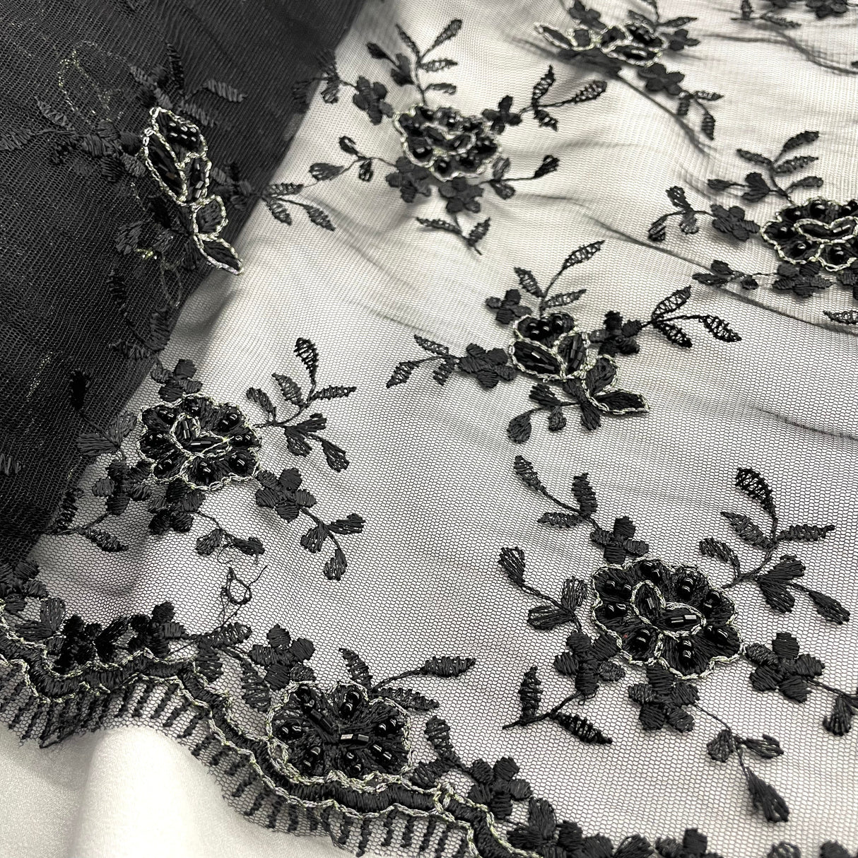 Beaded Lace Fabric Embroidered On 100 Percent Polyester Net Mesh - Black, 50" Width (1 Yard)