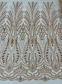 Heavy Beaded Damask Lace Polyester Fabric - Embroidered Beaded Mesh Lace, Double Scallop, 54" Width (1 Yard)