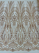 Heavy Beaded Damask Lace Polyester Fabric - Embroidered Beaded Mesh Lace, Double Scallop, 54" Width (1 Yard)