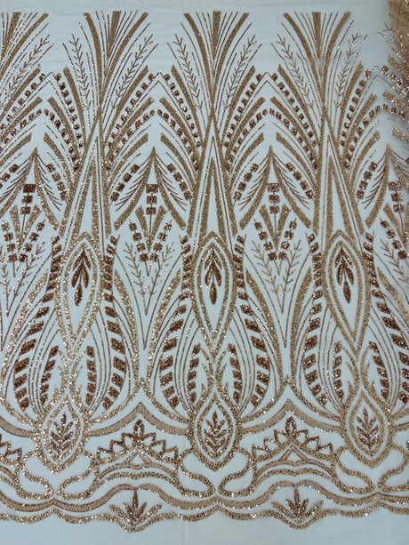 Heavy Beaded Damask Lace Polyester Fabric - Embroidered Beaded Mesh Lace, Double Scallop, 54" Width (1 Yard)