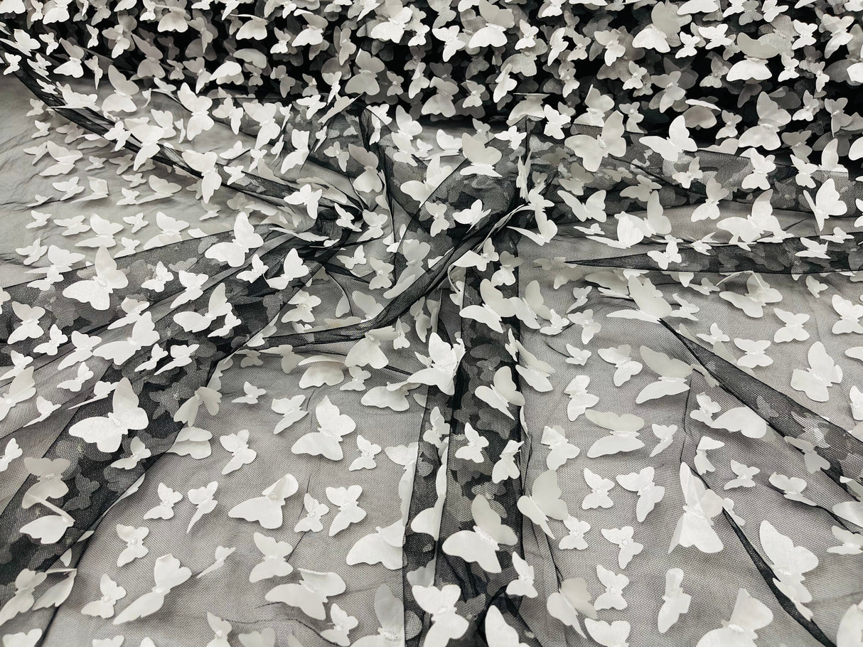 3D Butterfly Metallic Design Polyester Fabric - Metallic Butterfly Embroidery, Mesh Lace, 58" Width (1 Yard)