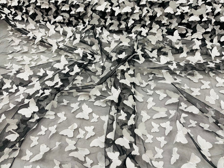 3D Butterfly Metallic Design Polyester Fabric - Metallic Butterfly Embroidery, Mesh Lace, 58" Width (1 Yard)