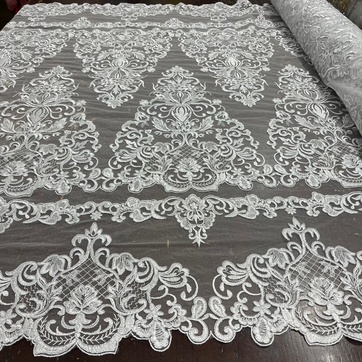 1 Yard Elegant Corded Bridal Lace Fabric Embroidered on 100% Polyester Net Mesh White
