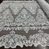 1 Yard Elegant Corded Bridal Lace Fabric Embroidered on 100% Polyester Net Mesh White