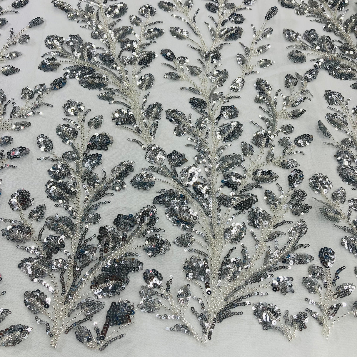 Beaded Sequined Lace Fabric on Polyester Net Mesh