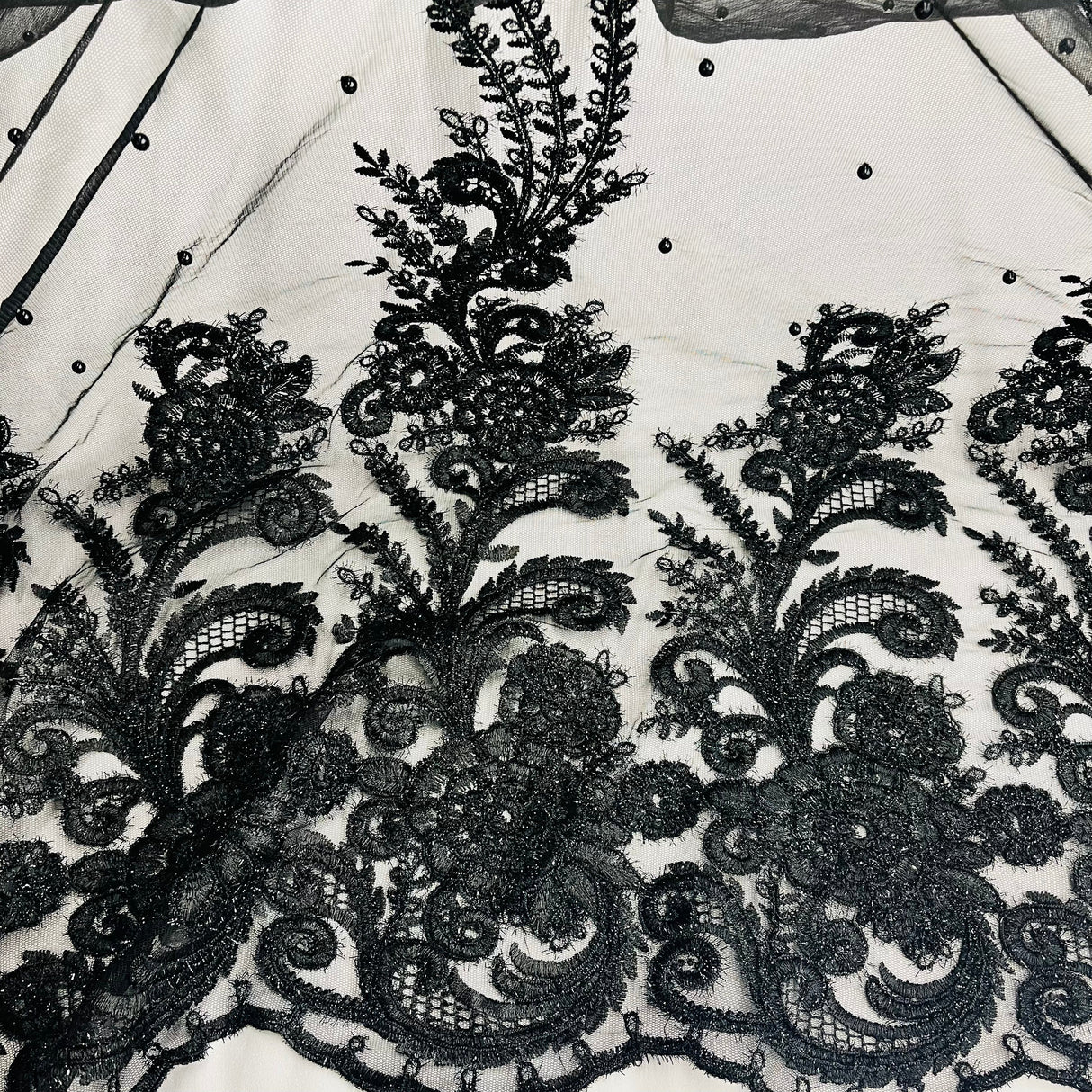Beaded Corded Bridal Lace Black