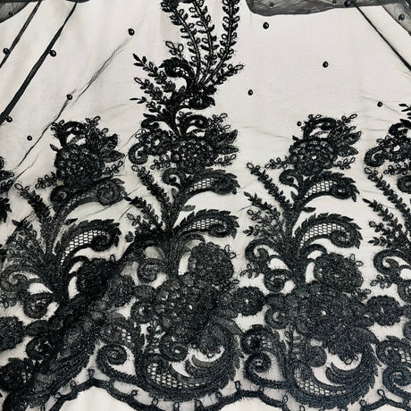 Beaded Corded Bridal Lace Black