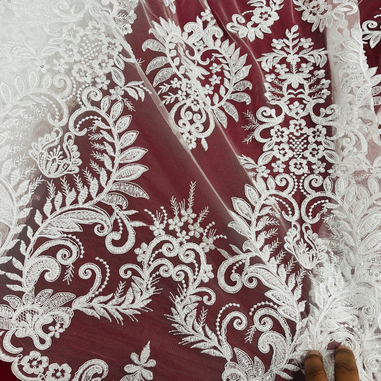Beaded Corded Bridal Lace Fabric - Embroidered Floral Design, 52" Width (1 Yard)