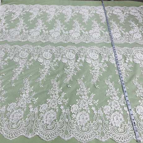 1 Yard Silver Corded Bridal Lace Fabric Embroidered on Polyester Net Mesh Elegant Floral 50 Inch Width
