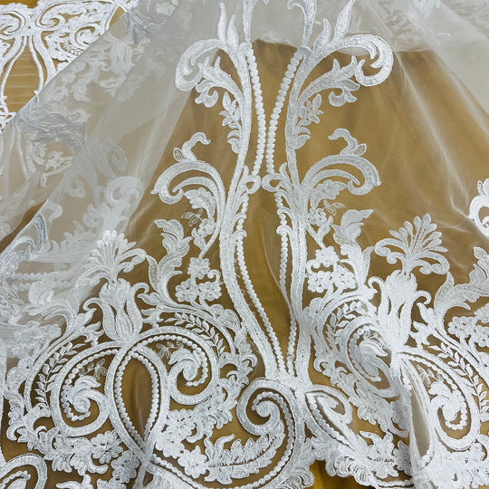 1 Yard Beaded Lace Fabric Embroidered on 100% Polyester Net Mesh – 50" Wide