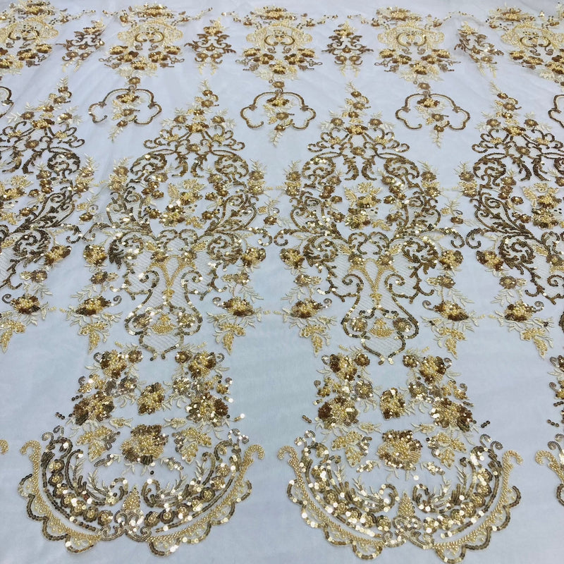 Beaded Lace Fabric Embroidered On 100 Percent Polyester Net Mesh Lace - Gold, Silver, Off White, White, 52" Width (1 Yard)