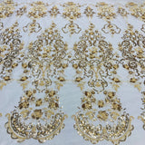 Beaded Lace Fabric Embroidered On 100 Percent Polyester Net Mesh Lace - Gold, Silver, Off White, White, 52" Width (1 Yard)