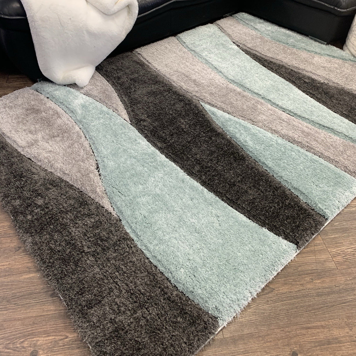 Touch Of Aqua Gray Silver Shag Area Rug Polyester Fabric - Plush Fluffy Shine 3D Stone Design, 2" Pile Height (2 Sizes)