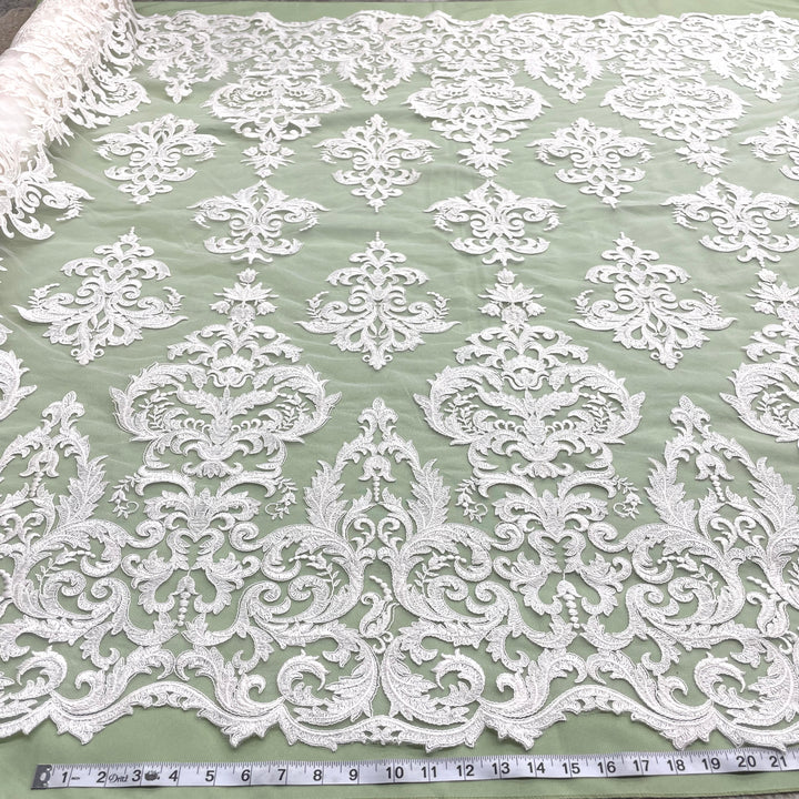 1 Yard Exquisite Corded Bridal Lace Fabric Embroidered on 100% Polyester Net Mesh White