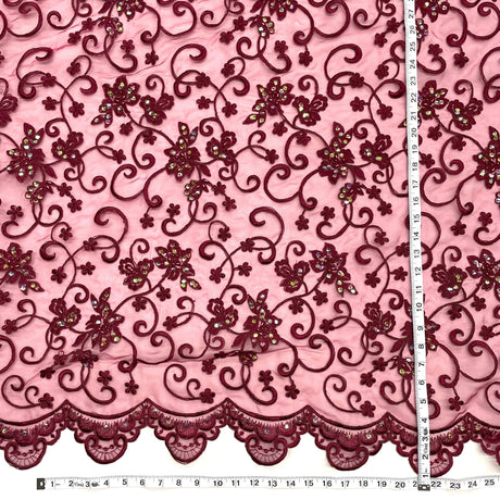 Beaded Corded Bridal Lace Fabric Wine 54"