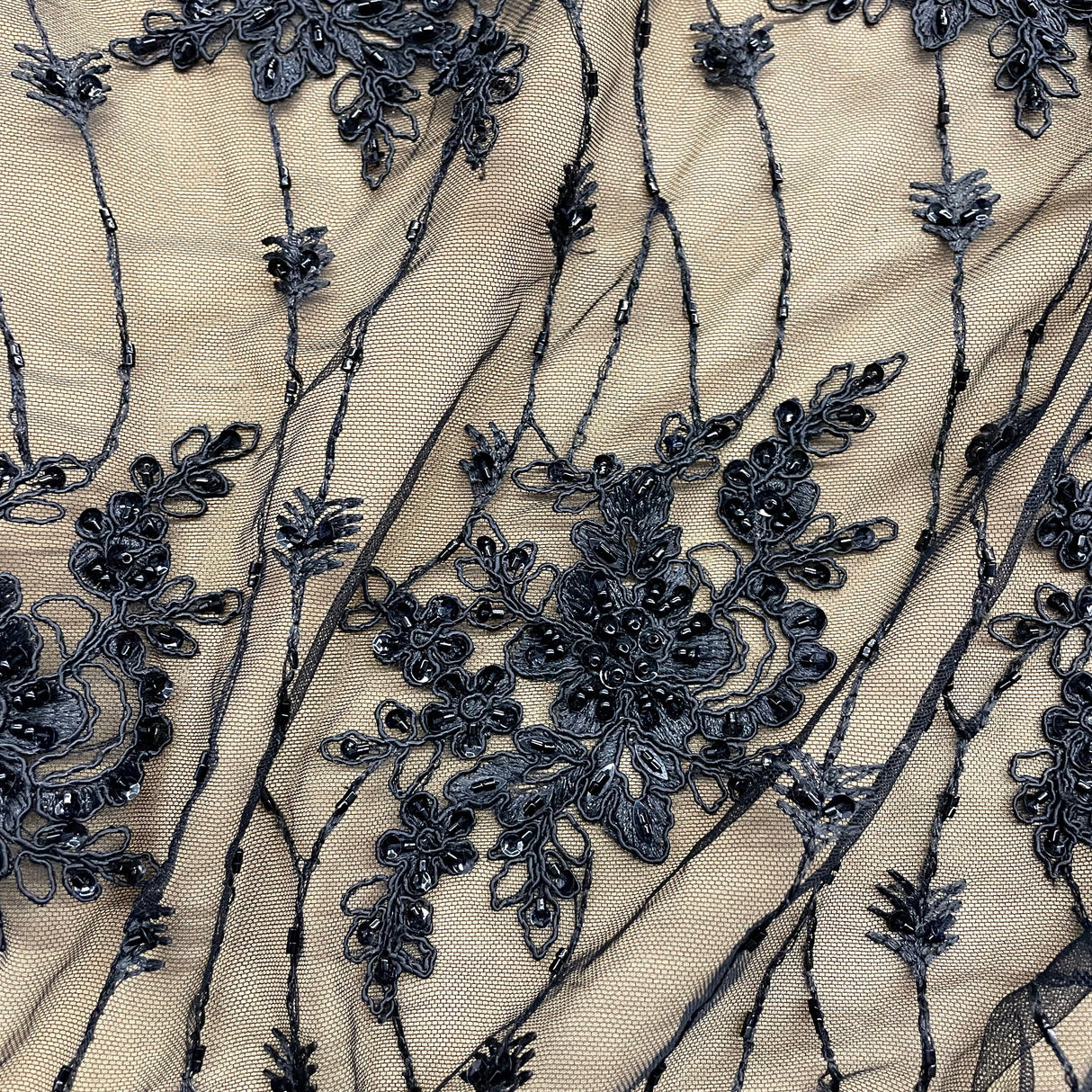 Beaded Corded Bridal Lace Black