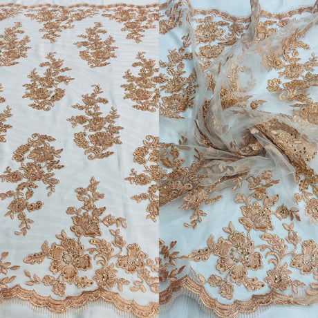 1 Yard Beaded Corded Bridal Lace Fabric Embroidered 100 Percent Polyester Net Mesh 51 inch Width