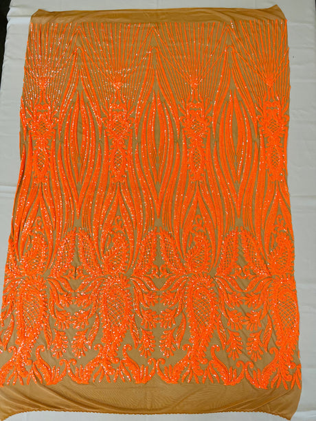 Paisley Sequin Design 4 Way Stretch Mesh Fabric - Nude Paisley Embroidered Iridescent Sequins, 48-50" Width, 36" Length (1 Yard)