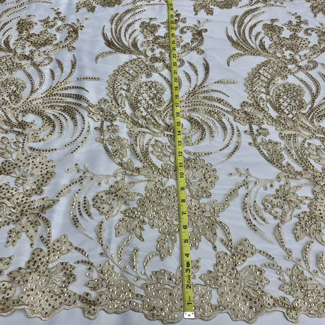 1 Yard - Corded & Sequined Bridal Lace Fabric Embroidered on 100% Polyester Net Mesh - 54"