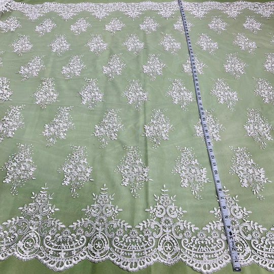 1 Yard Silver Corded Bridal Lace Fabric Embroidered on Polyester Net Mesh Elegant Design 56 Inch Width