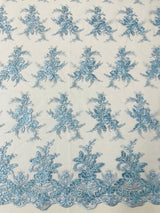 Valentina Embroider Floral Lace Polyester Fabric - Corded Floral Embroidery With Sequins, Mesh Lace, Double Scallop Edge, 50-54" Width (1 Yard)
