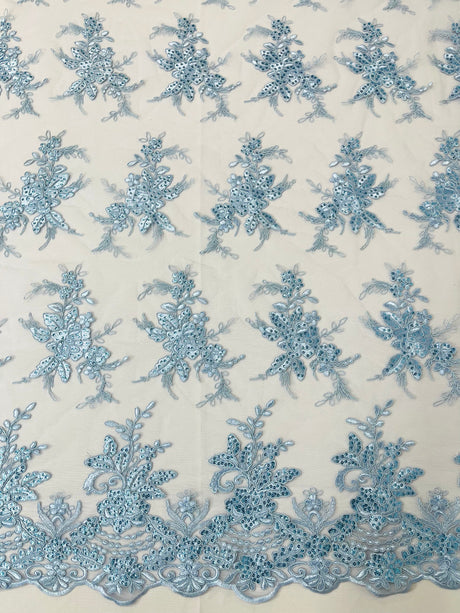 Valentina Embroider Floral Lace Polyester Fabric - Corded Floral Embroidery With Sequins, Mesh Lace, Double Scallop Edge, 50-54" Width (1 Yard)
