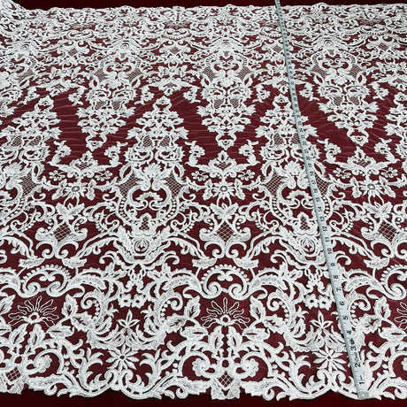 1 Yard Ivory Corded Bridal Lace Fabric Embroidered on 100 Percent Polyester Net Mesh 53 Inch Width